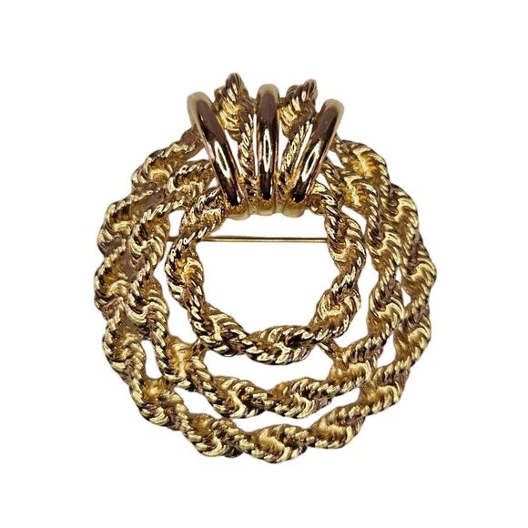 Vintage '60s Signed Monet Mid Century Gold Tone Wreath Twisted Rope Brooch Pin - Picture 1 of 10